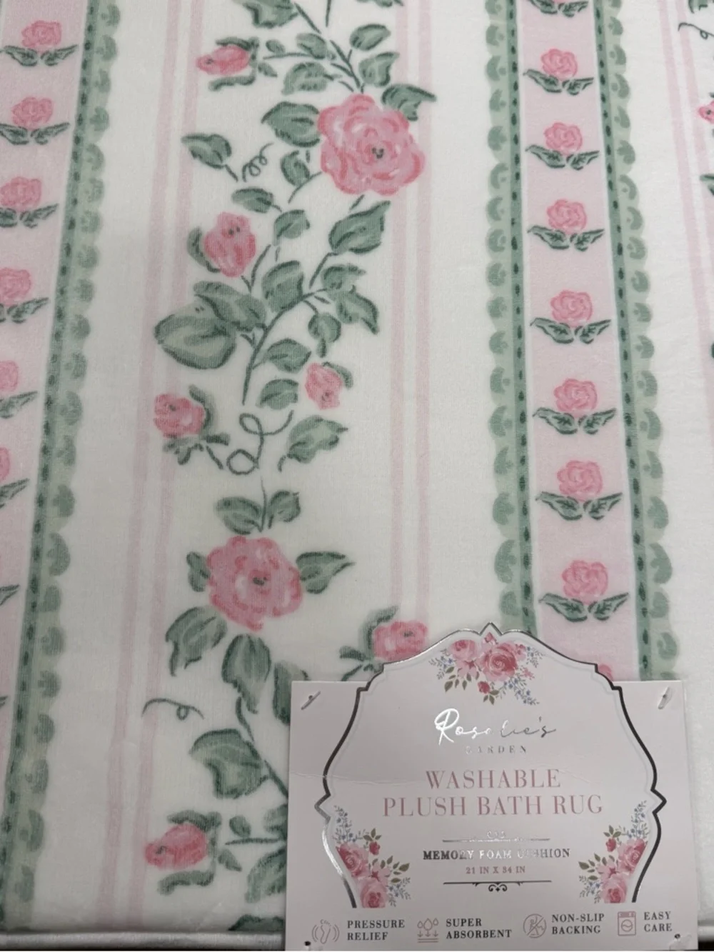 Feminine Floral Stripe Quilted PLUSH Bath Rug - Pink and Green